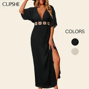 CUPSHE Boho Crochet Waist Plunging V-Neck Maxi Dress, Elegant Split Hem Swimsuit Cover-Up Dress, Flowy Short Sleeve Resort Wear for Beach Getaways & Vacations Womensfashion #SummerVibes