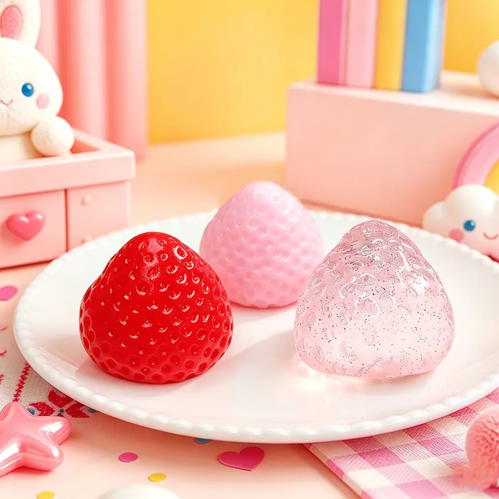 3 Pack Strawberry Squeeze Stress Balls, Cute Fruit Slow Rebound Fidget Toys, Transparent Sticky Sensory Squishy Pressure Toys, Anxiety Relief Finger Squeeze Toy, Perfect Gift for Valentine's Day Birthday Thanksgiving Party