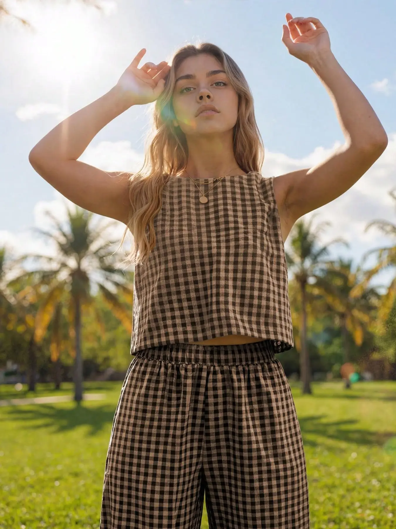 Women's Plaid Sleeveless T-Shirt and Shorts Set, Casual Summer Set, Outfit, Casual Everyday Two-Piece, Comfortable Breathable Woven Fabric, Round Neck Design