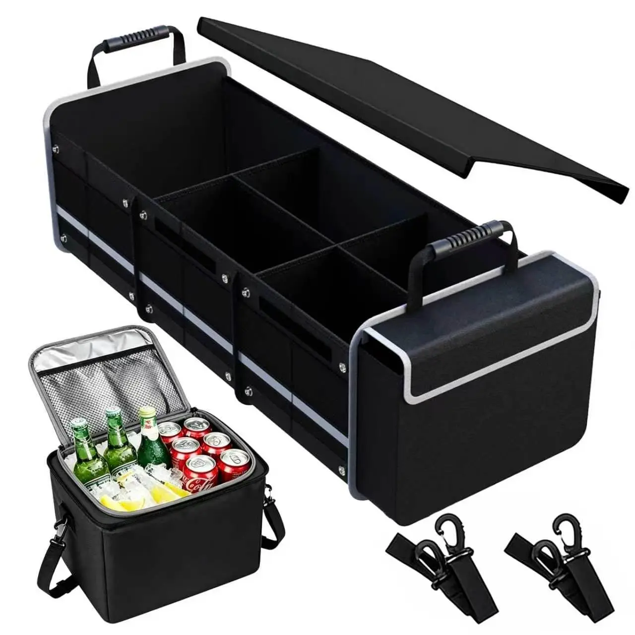 Portable Collapsible Car Trunk Storage Box with Removable Cooler Bag, Multi-Compartment Design, Universal Fit for Vehicles, Grocery Runs Essential, Camping & Travel Automotive Interior Stowing Accessory
