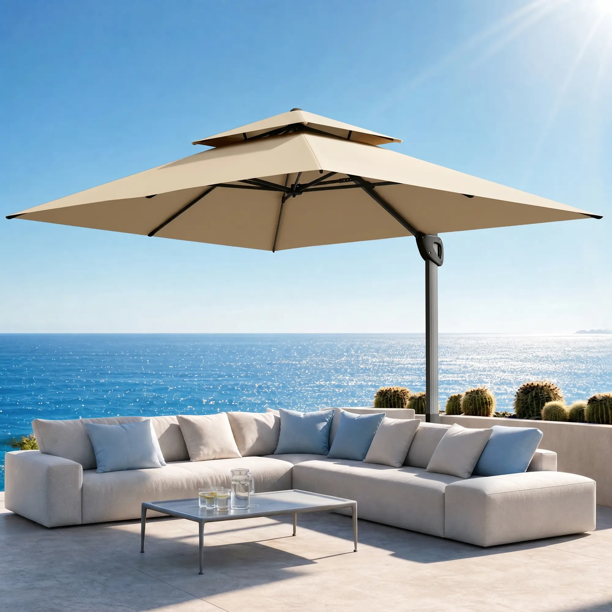 [2-Box] PHI VILLA 10*10ft Cantilever Patio Umbrella with Weighted Base, Square Umbrellas with 360°Rotation, Heavy Duty Hydraulic Design for Dining and Pool Use