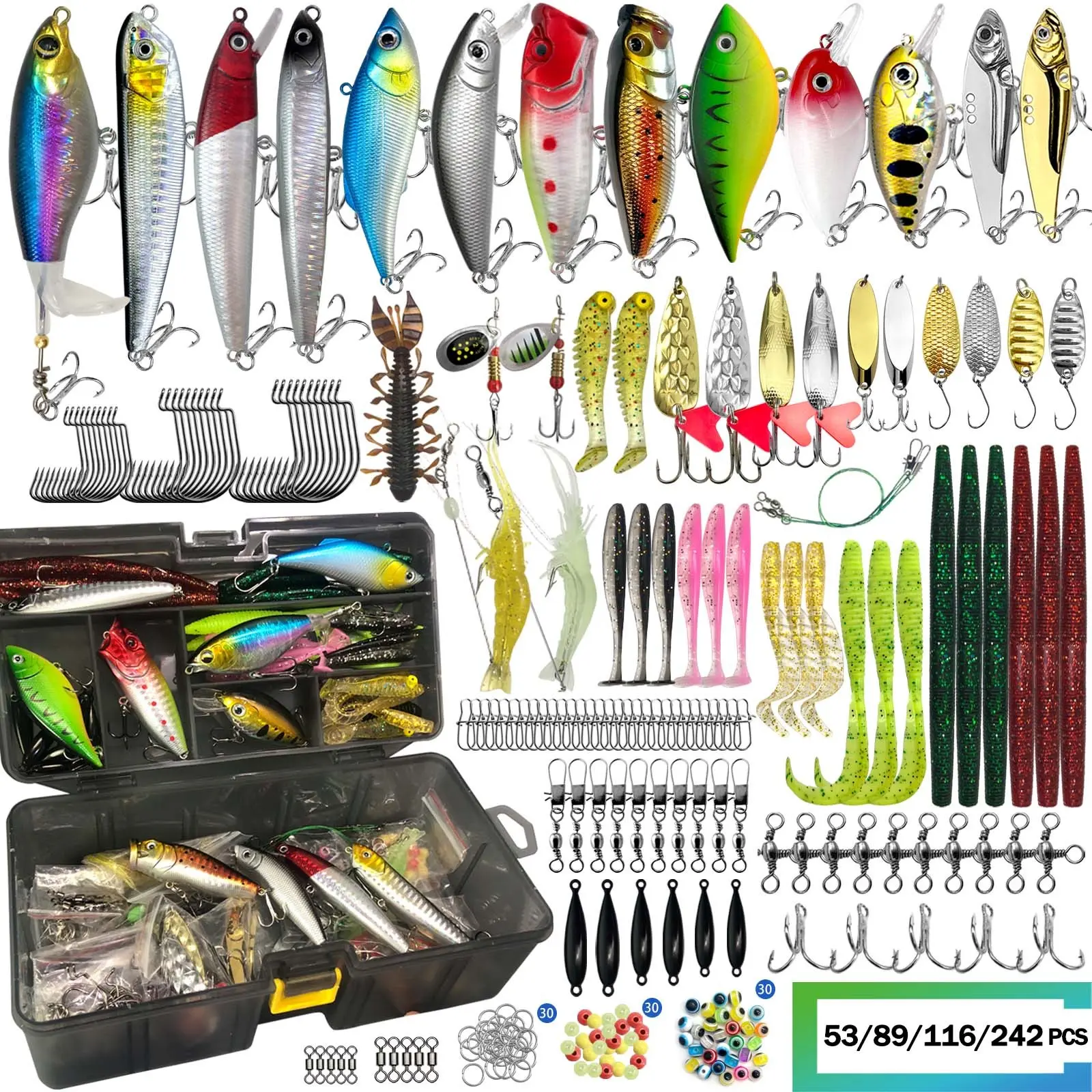 53/89/116/242 pcs Fishing Lure Set, Artificial Lures, Assorted Hard and Soft Baits, Topwater and Spoon Lures with Hooks and Tackle Box, Fishing Gear Kit, Gift for Fishermen, Fishing Combo