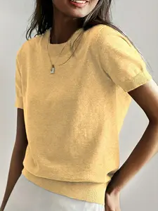 Women's Short Sleeve Knit Tops Summer Casual Crewneck Sweaters Lightweight Pullover T-Shirts with Ribbed Hem S-XXL