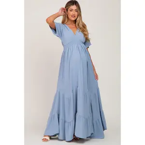 Light Blue Deep V-Neck Maternity Maxi Dress