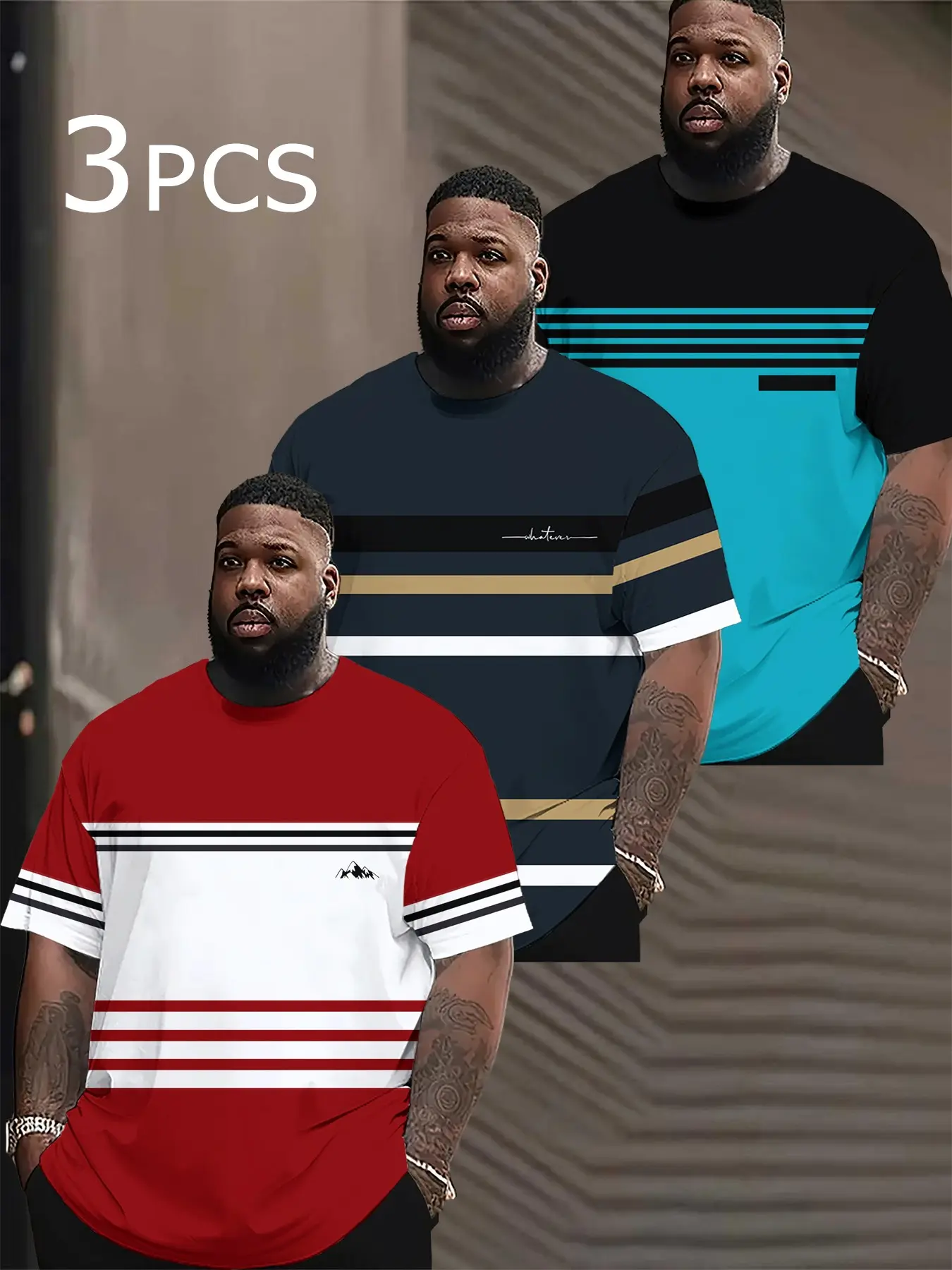 3-Pack Plus Size Men's Classic Fashion Casual Round Neck Short Sleeve T-Shirts, All-Season Versatile Daily Wear, Striped Style, Urban Trend Streetwear Clothing