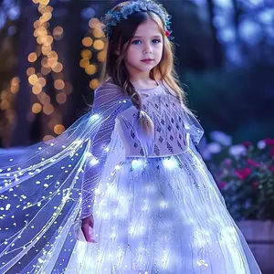 Christmas Girls Long Sleeve Yarn LED Light String Light Princess Dress, Blue And White Gradient with Cape Girl Dress, Holiday Role Play, Christmas Halloween Thanksgiving Easter Holiday Gift.Helloween Christmas