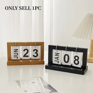 1PC Simple Wooden Flip Desk Calendar, English Style, Home & Office Decor Ornament for Bedroom, Living Room