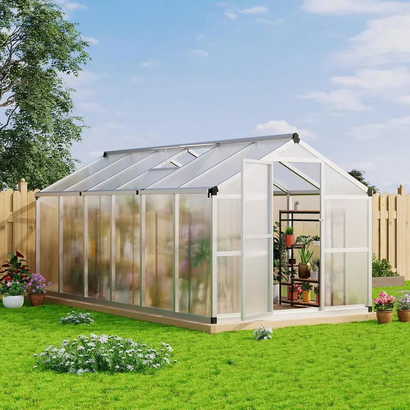 Aluminum 8x12x6.5ft Outdoor Greenhouse with Roof Vents, Heavy Duty Polycarbonate, Easy to Install for Garden, Backyard, Patio, Lawn