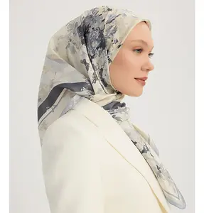 Serica Patterned Silk Square Floral Hijab - Indigo