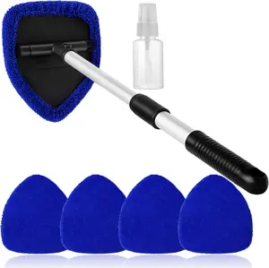 2026 New Blue Car Windshield Cleaning Kit with Extendable Handle 4 Reusable Microfiber Pads，a spray bottle, Interior Exterior Use
