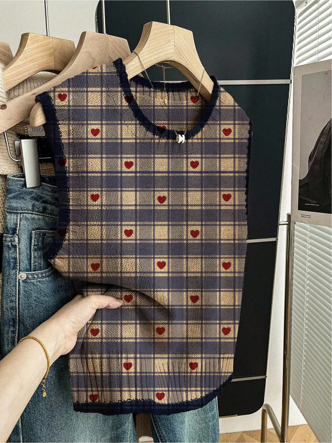 1 piece + Women's loose crew neck sleeveless knit top with contrast navy trim, patchwork plaid & heart print, casual back-to-school style for spring & summer, can be worn alone or layered with a vest
