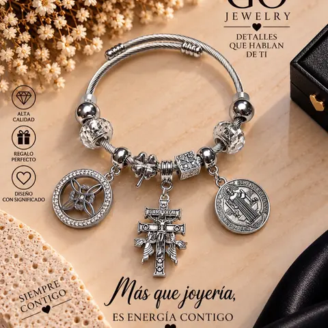 Nudo de Bruja, Cruz de Caravaca y San Benito Triple Protection Bracelet with Charms and Beads