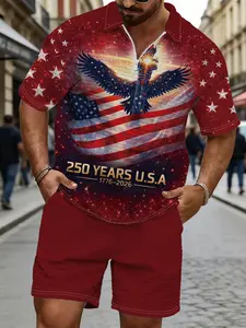 Men's American Eagle Flag Polo Set, Patriotic Short Sleeve Shorts, Comfortable Breathable Summer, Casual Loose Fit