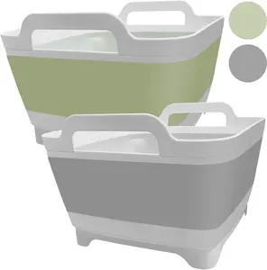 2PCS Collapsible Dishpan for Washing Dishes 9L 2.4Gallon with Drain Plug & Carry Handles Green Grey Food Grade PP TPR BPA Free Dish Basin for Kitchen RV Camping