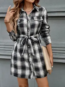 Vintage Plaid Shirt Collar Mini Dress with Self-Belt, Elegant Commuter Women's Fashion Long Sleeve Dress, Stylish Office Wear, Button Collared Dress