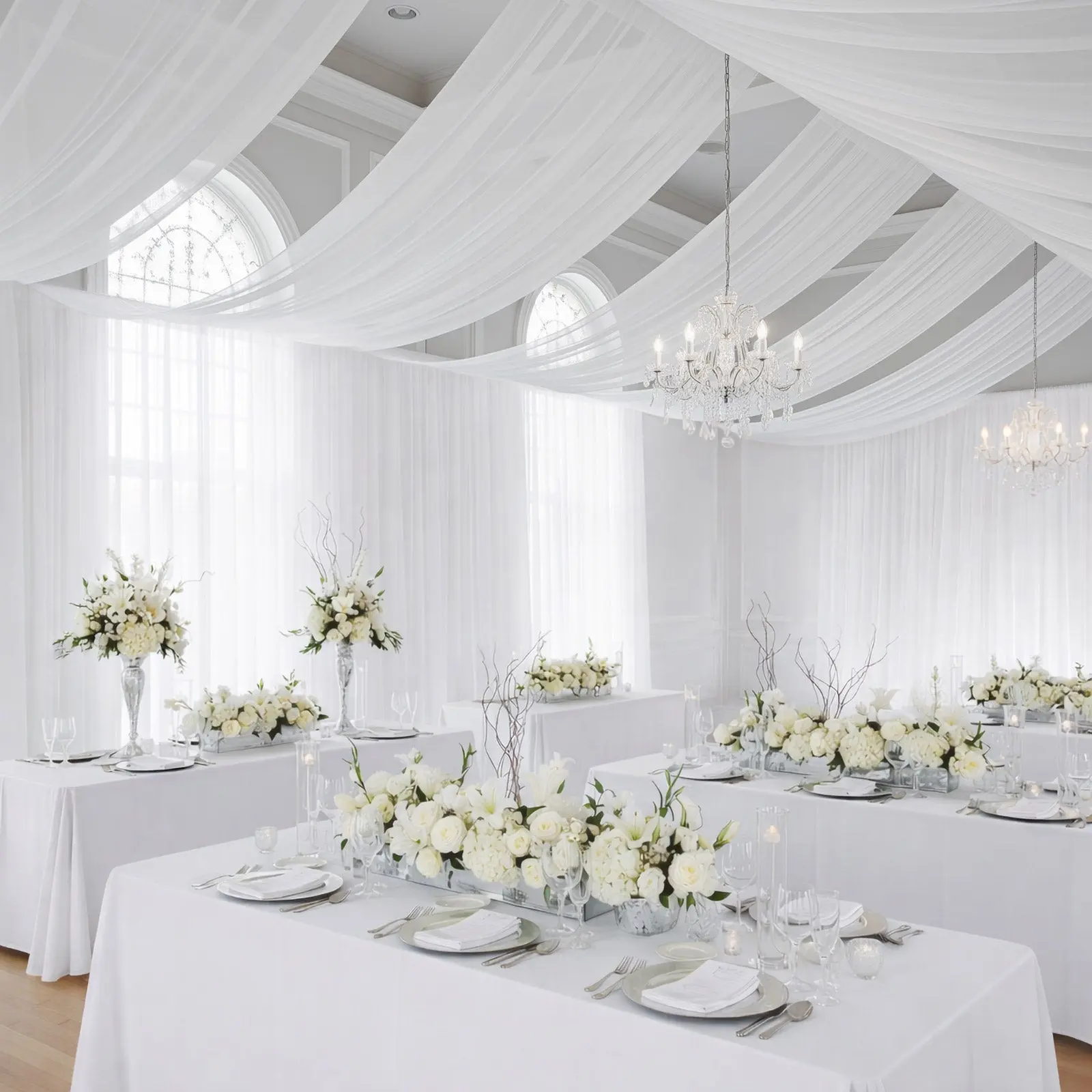 White Draped Solid Chiffon Curtain - 5ftx20ft Rod Pocket Fabric, Durable Fire-Resistant Decor for Weddings, Window Treatment, Photography Backdrop & Ceremony Party Ceiling Panel