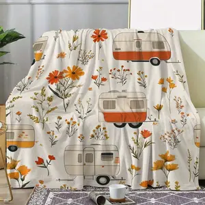 1pc "Happy Campers" RV & Campfire Design Blanket - Lightweight Flannel, Soft & Warm, Perfect For Home, Travel, Camping, And Outdoor Adventures, Camping Blanket birthday celebration