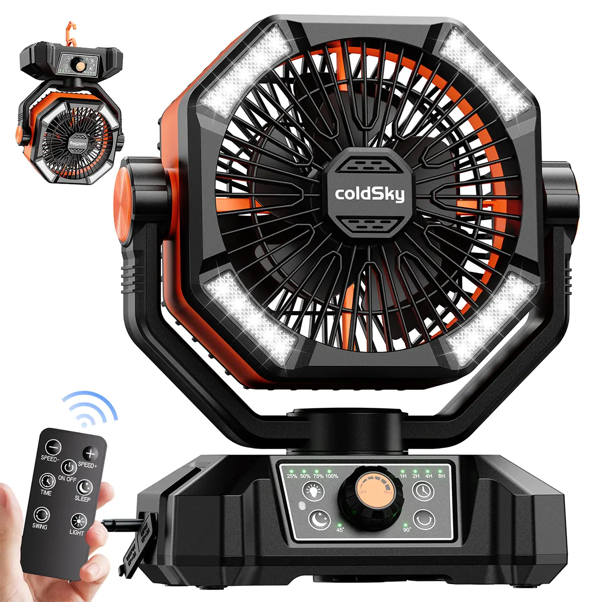 20000mAh Camping Fan Dual Motor, Battery Operated Fan with Remote & 4 LED Lantern, Portable Outdoor Fan with Hook for Tent, Power Outages, Jobsite