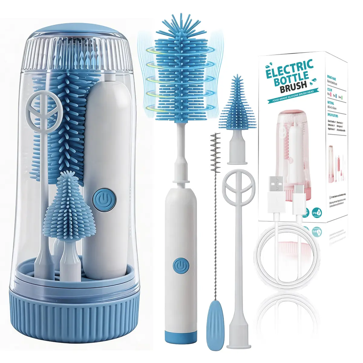 Electric Bottle Brush Cleaner with Two Cleaning Modes - Rechargeable Baby Bottle Brush Set Including Waterproof Cleaner, Nipple Brush, Straw Cleaner, Mixer & Drying Rack