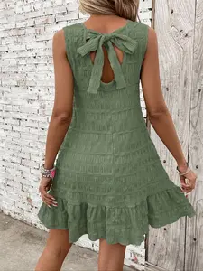 Dark Olive Forest Jungle Back Tie Ruched Resort Dress Vintage Coastal Relaxed Dark Olive Back Tie Ruffled Resort Dress Ins High-End Texture Relaxed Vibe Dark Olive Back Tie Ruched Vacation Dress Fitted Casual Womenswear Aesthetic