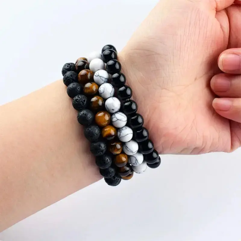 Men's Beaded Bracelet Set - 8MM Natural Stone Multicolor Beads, Tiger Eye & Lava Bangle, 1pc Casual Elastic Weighted Bracelet, 18.5cm