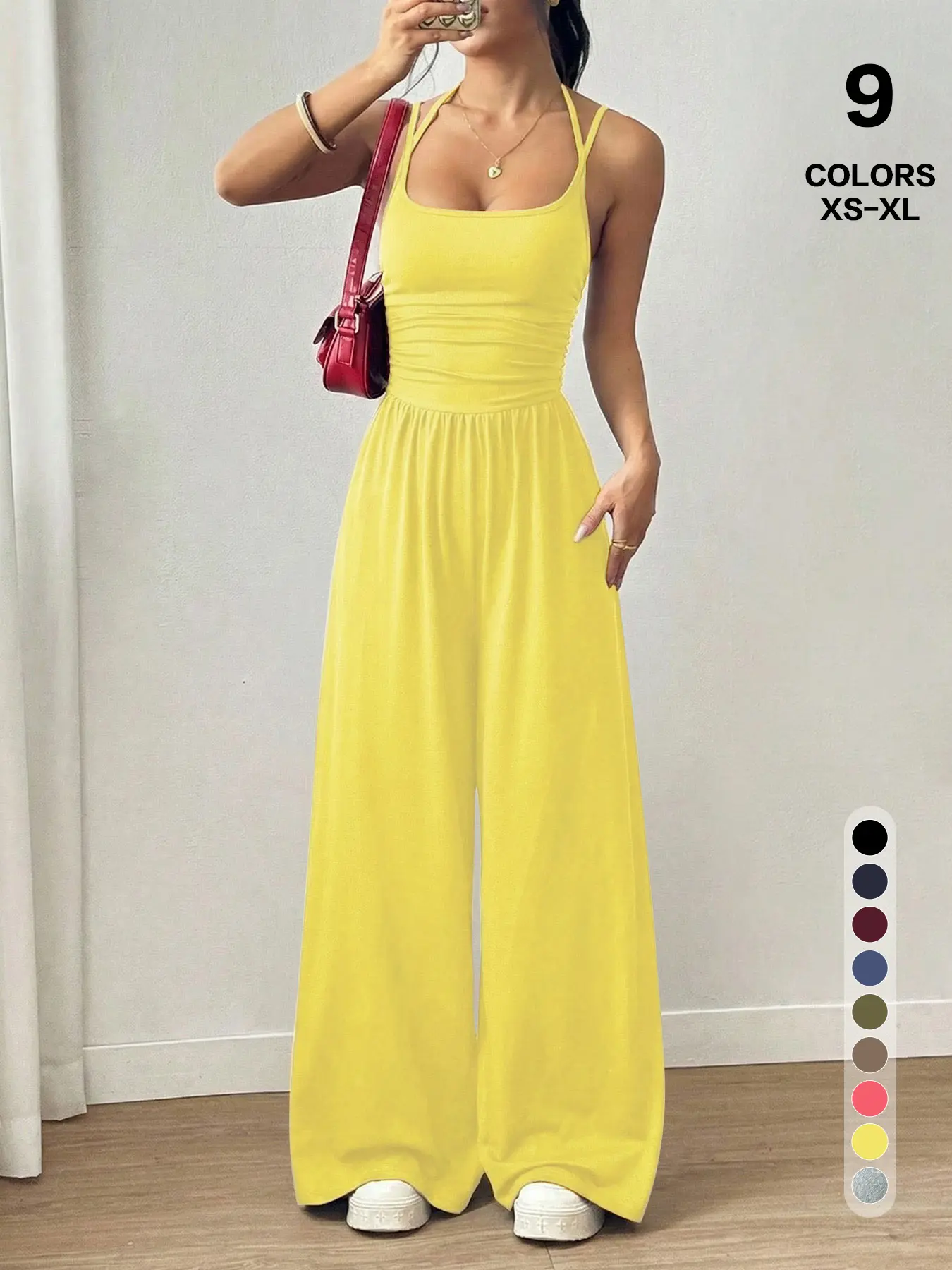 Women's Chic Sleeveless Jumpsuit, Minimalist Solid Spaghetti Strap Style with Square Neck, Slim Fit Wide Leg Ankle Pants, Lady