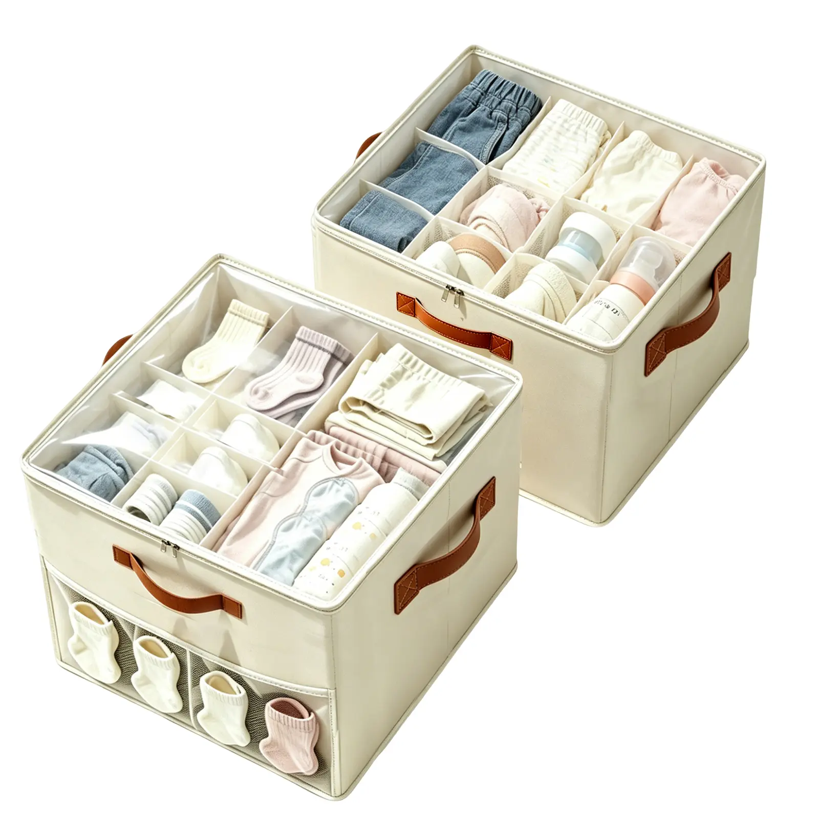 [HortiNest] 2-Pack Multi-Functional Storage Bins with Lids & Dividers - Large Closet Organizer for Socks, Underwear, Diapers, Toys - Foldable Fabric Drawers for Bedroom, Entryway, Shoe Bench