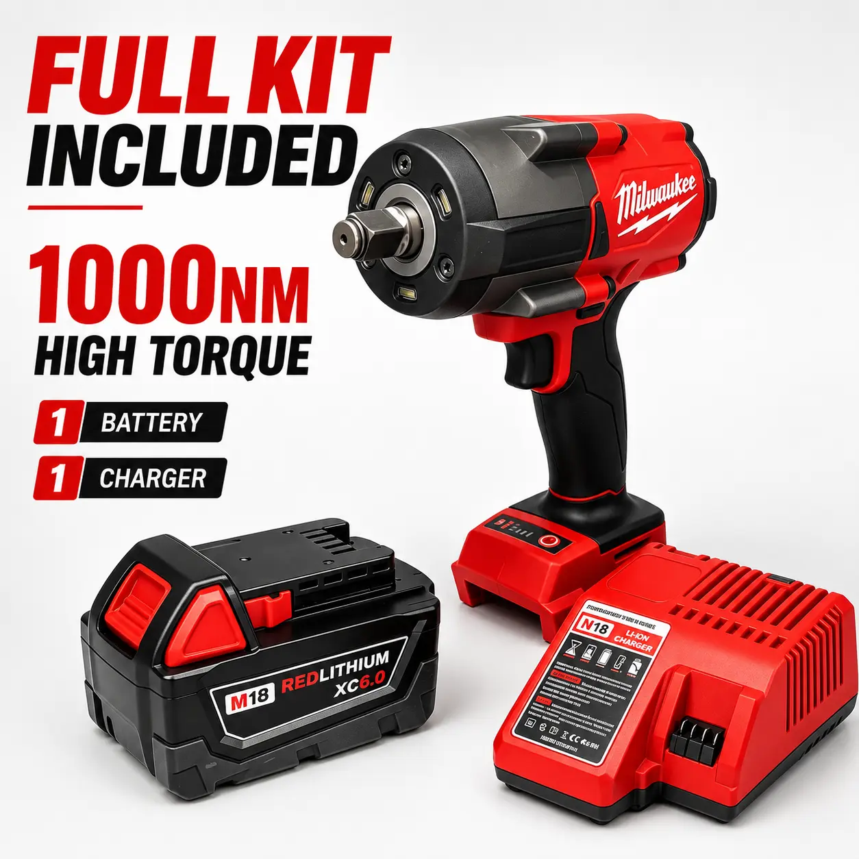 Milwaukee M18 Series Cordless 1/2" Drive Impact Wrench - 1000N.m High Torque, 3-Mode Speed Control, Anti-Slip Grip Heavy-Duty Tool for Equipment, Truck Repair