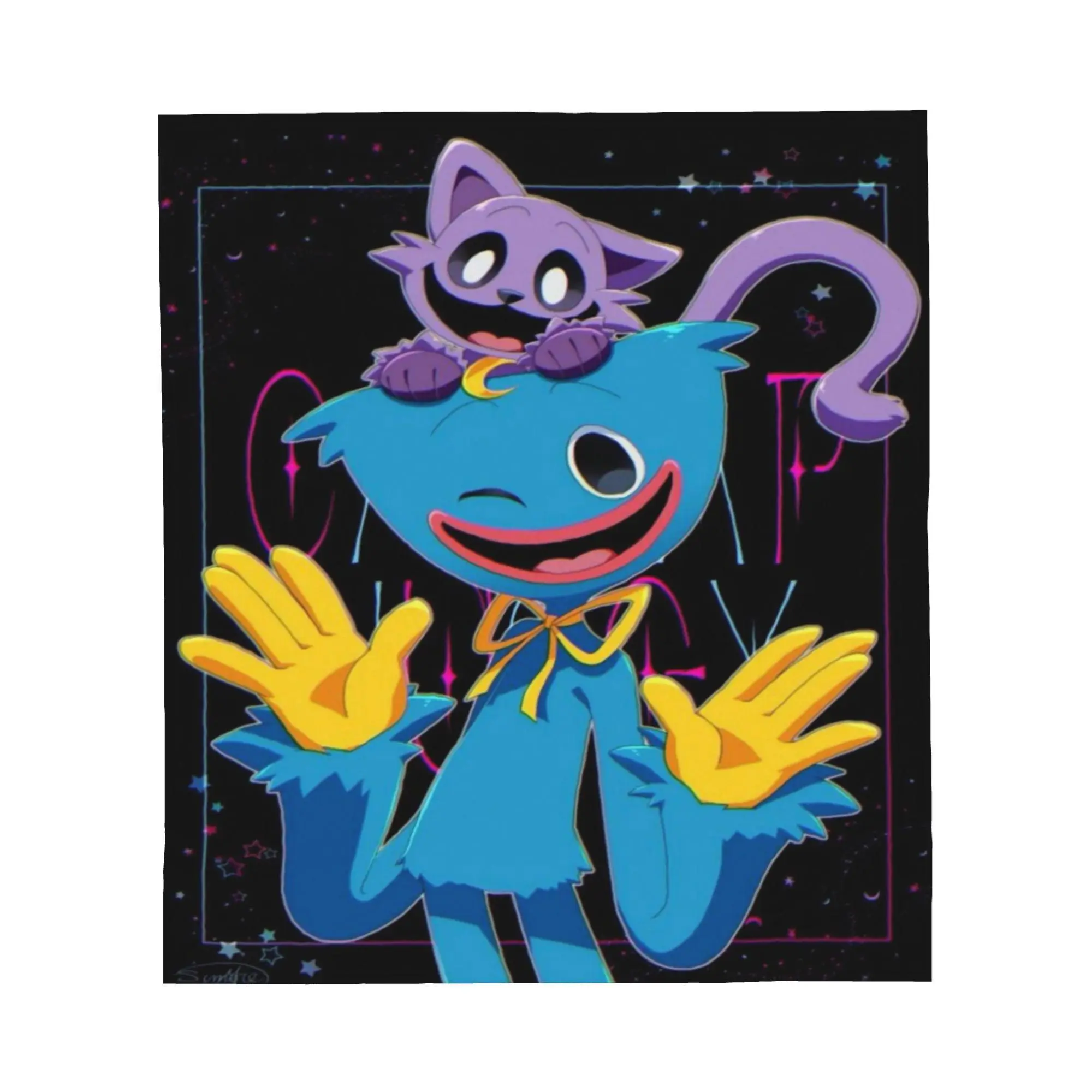 Poppy Playtime Huggy Wuggy & CatNap Flannel Fleece Throw Blanket, Neon Dark Background Horror Game Character Print Soft Warm Bed Couch Blanket, Multiple Sizes Available, Ships From USA For Poppy Playtime Fans