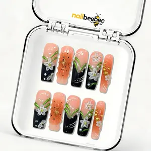 Lily Noir , Handmade Mid-Square French Tip Fake Nails, Reusable Acrylic Nails with 3D Flower & Rhinestone