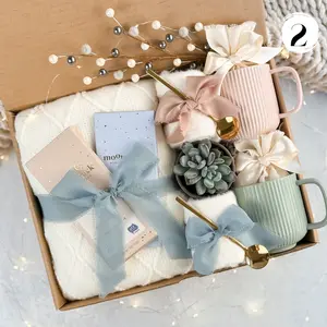 Gift Box for Mom - Thank You Gift Box with Blanket, Mugs, Succulent, and Fluffy Socks - Unique Birthday Gift Basket