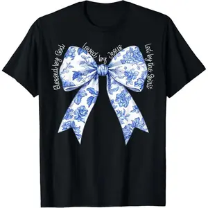 Cotton Floral T-Shirt for Sports - Casual Round Neck Short-Sleeve Top, Blessed By God Loved By Jesus Blue Toile Coquette Bow Outerwear Clothes