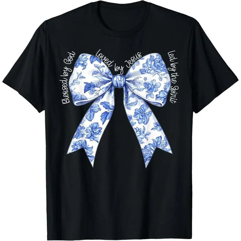 Cotton Floral T-Shirt - Sports & Casual Round Neck Short-Sleeve Outerwear with Blessed By God Loved By Jesus Blue Toile Coquette Bow, Tshirt