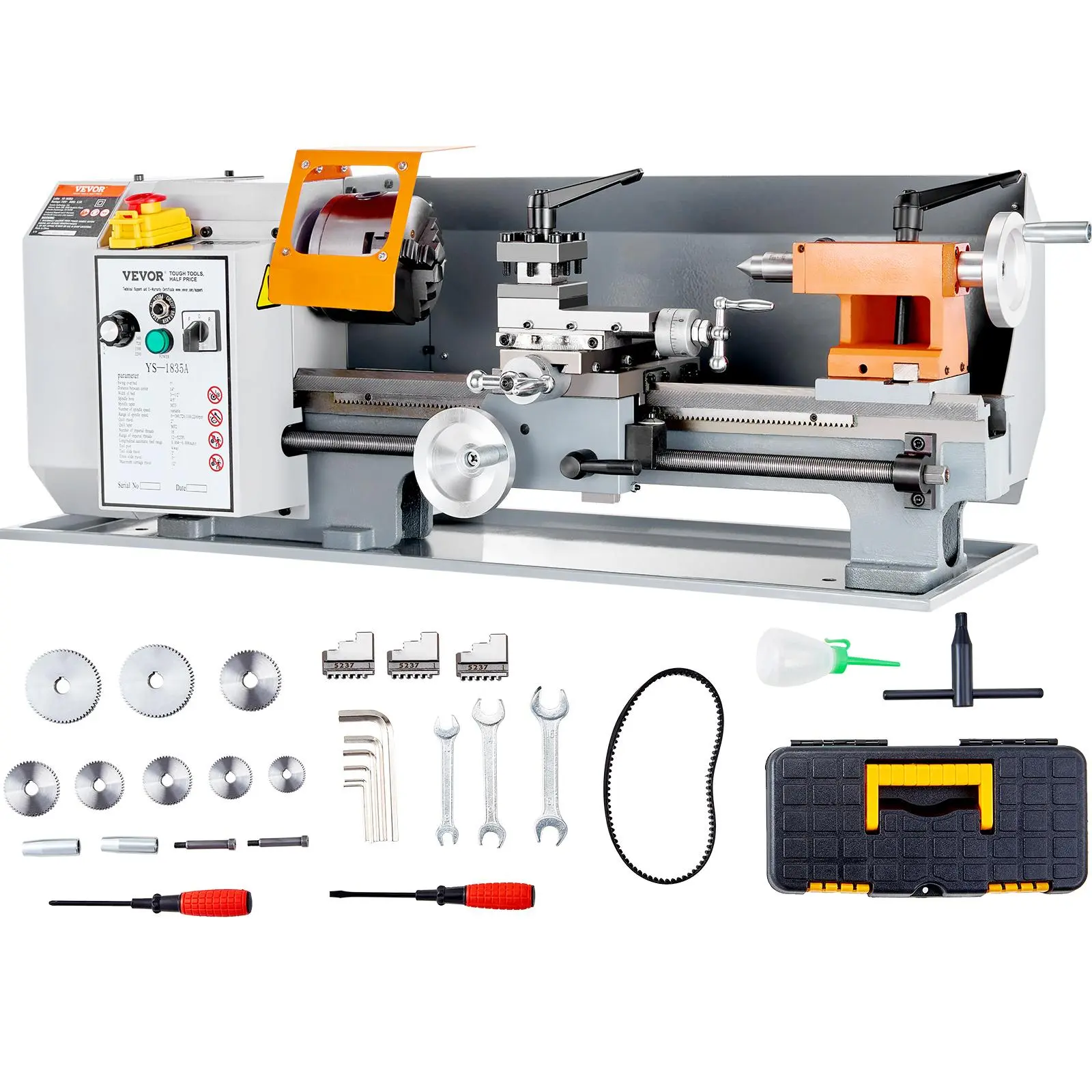 VEVOR 7'' x 13.78'' Benchtop Metal Lathe - Hardware Power Tool, 0-2200 RPM Variable 4-Speed, 500W Brush Motor, Overload Safe Durable Gears, Quick-Lock Accurate Reversible Metalworking Tool Box