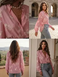Women's Fashion Vintage Floral Embroidered Ruffle Hem Fitted Blouse Shirt Long Sleeve, Boho Chic Sleeve, Elegant Retro Style, Perfect for Casual Wear, Stylish Ladies' Top