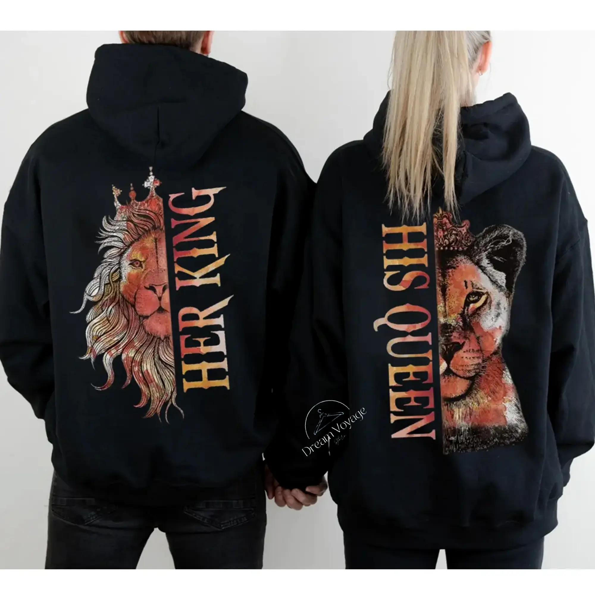 Women's Classic Seamless Couple Matching Hoodies - Lion His Queen Her King Graphic, Stylish Fleece Pullover with Pockets, Unisex Casual Hooded Sweatshirt Set, Perfect Gift for Men, Smooth, Spandex, Long Sleeve, Tops