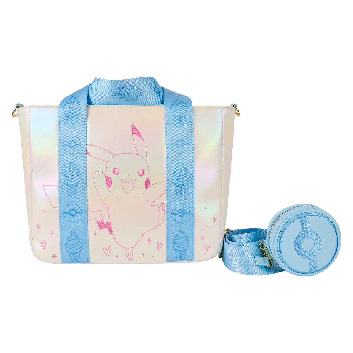 Loungefly Pokemon Pikachu Women's Iridescent Tote Bag, Embroidered Graphic Polyurethane Crossbody with Detachable Coin Purse, Cute Shoulder Bags, Everyday Crossbody Bag