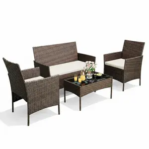 Modern 4-Piece Rattan Patio Furniture Set – Outdoor Conversation Bistro Set with Upholstered Sofa, 2 Chairs & Coffee Table – Perfect for Garden, Backyard, Porch – Multiple Colors