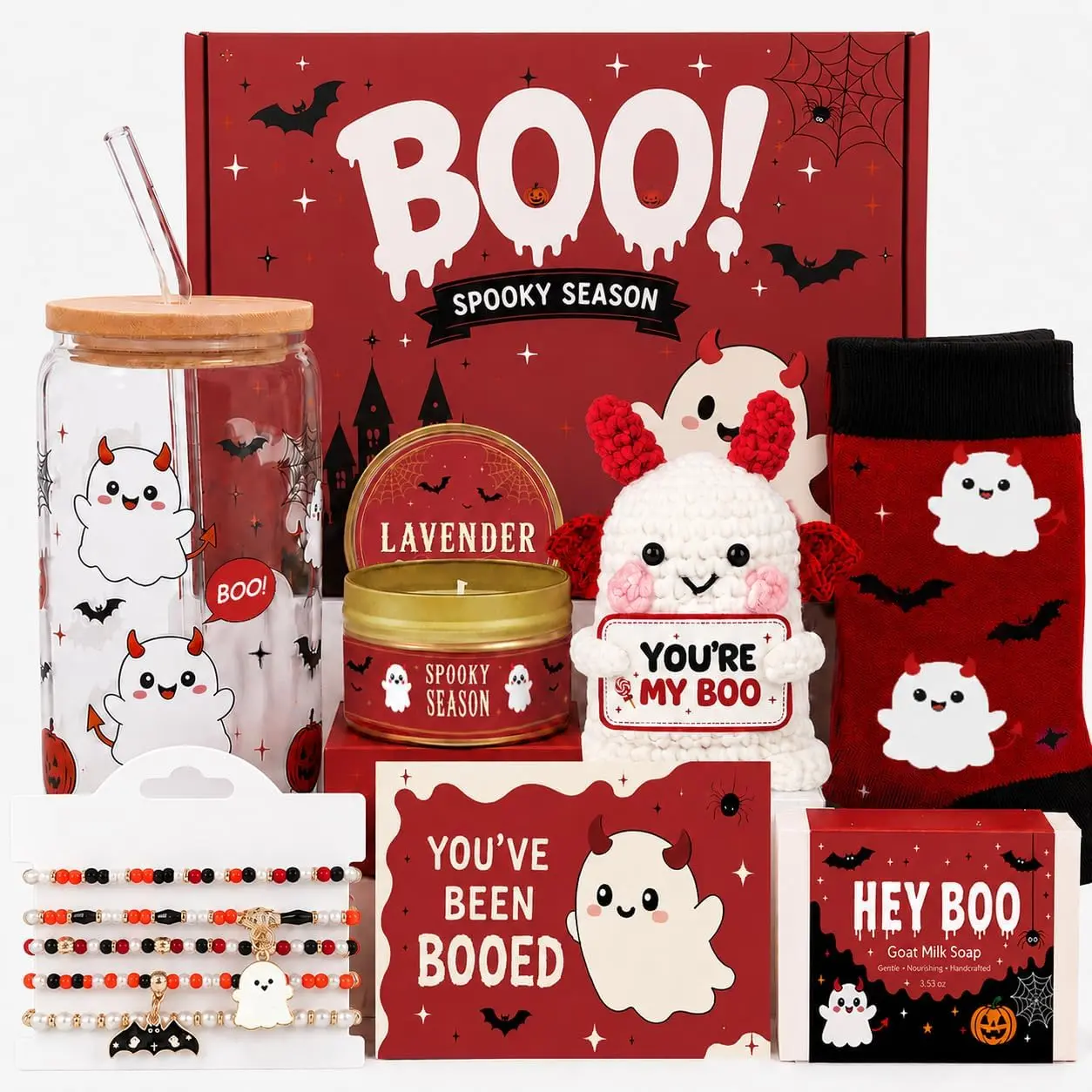Halloween fall Gift Boo Basket Stuffers for Women, Halloween Gifts Basket for Adults, Cute Halloween Gifts for Teen Girls Her Friend Girlfriend with Spooky Glass Cup