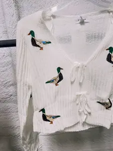 Mallard Duck Embroidered Tie Front Cardigan | Cream Knit Duck Sweater
