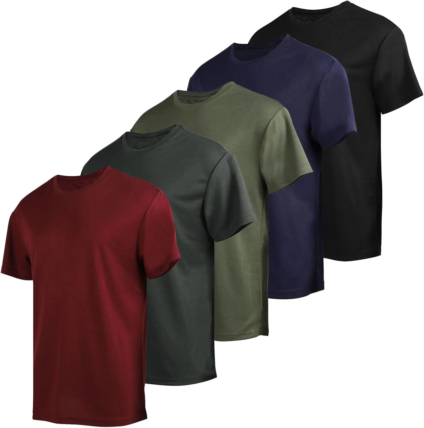Men's 5-Pack Quick-Dry Short-Sleeve Tag-Free Crew Neck Athletic Fitted Breathable Polyester T-Shirts with UV Protection, Fitted Cut, for Gym & Running, Black-Gray-Navy-Olive-Wine
