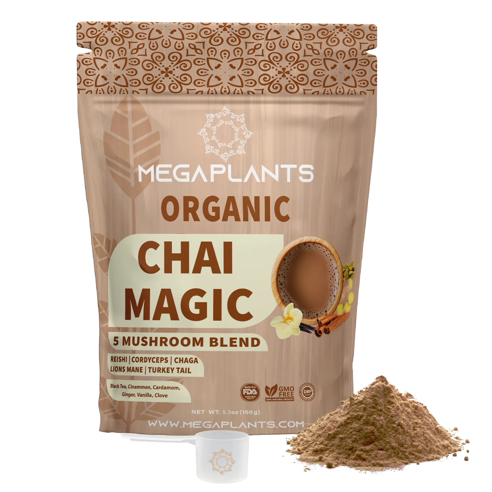 Mega Plants - Chai Magic (50 Servings) | Superfood 5 Mushroom Powder Blend for Focus, & Energy + | Coffee Alternative | Organic - Non-GMO, Vegan