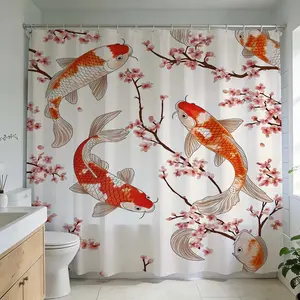 1 Pc Luxurious koi fish and cherry blossom shower curtain for elegant Asian-inspired bathroom design vibrant colors enhance home decoration perfect for bathroom renovation create a serene atmosphere with artistic print patterns ideal for spa-like relaxati
