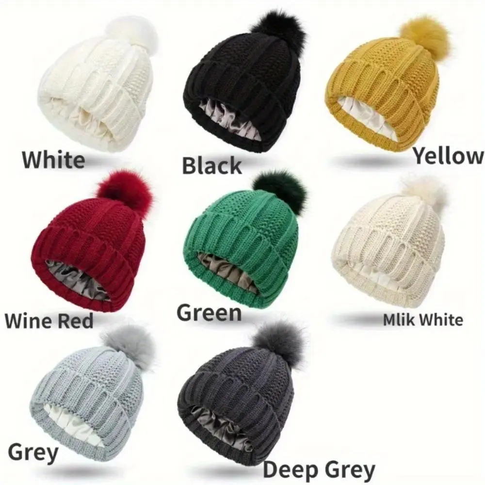 Womens Winter Beanie Hat - Silk Satin Lined Faux Fur Pom Pom Knit Beanie for Girls - Cozy & Stylish Warm Winter Hat for Cold Weather