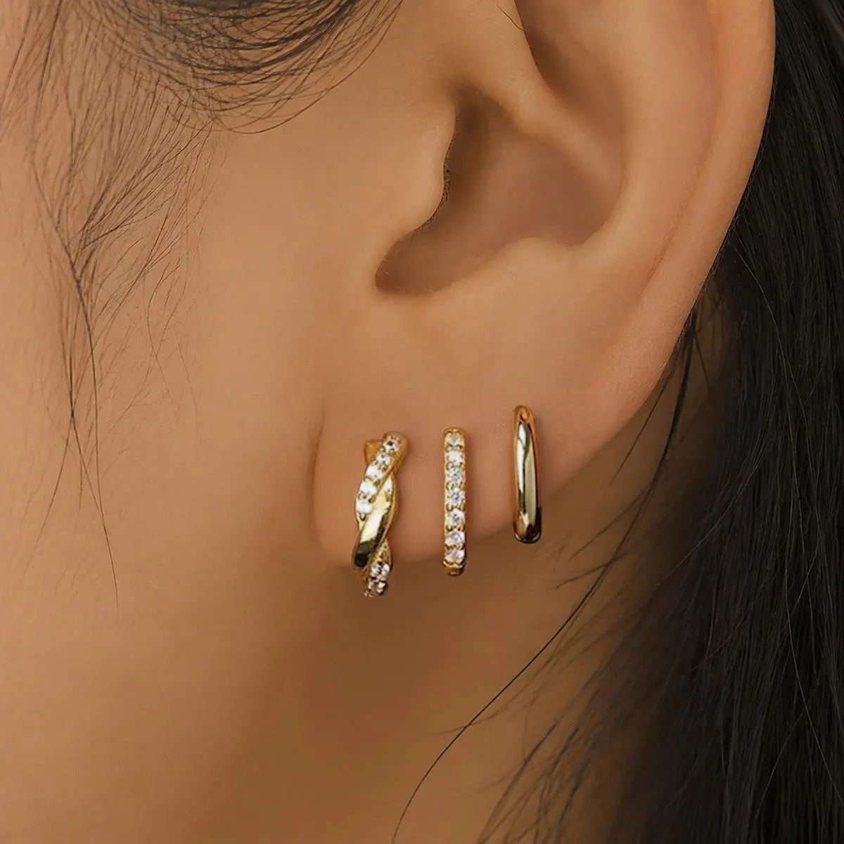 3Pcs 14K Gold Plated Huggie Hoop Earrings for Women, Small Sliver/Gold Earring Set Hypoallergenic Cartilage Helix Stacks, Mini Dainty Cute Trendy Birthstone Jewelry Gift for Multiple Piercings