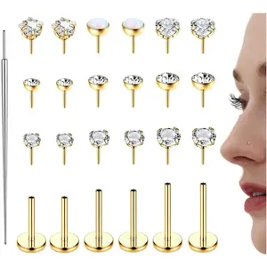 ZELORES 25PCS 20G 18G Threadless Nose Studs for Women Men 316L Stainless Steel Monroe Lip Rings Labret Stud Push In Nose Ring Nostril Piecing Jewelry Opal CZ Flat Back Nose Stud 1.5mm 2mm 3mm Gold Plated Small Hoop Earrings Set