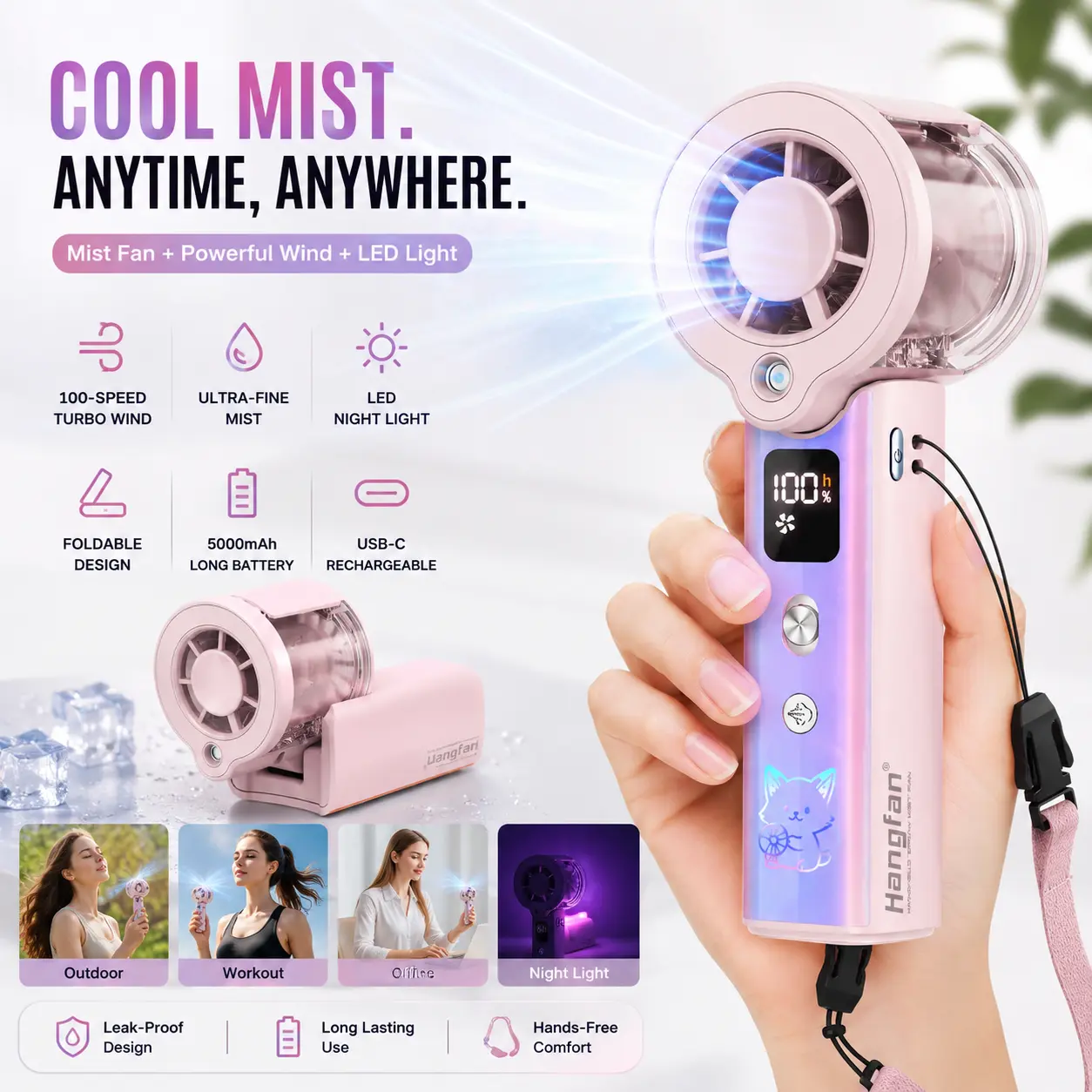 Hangfan Foldable Mist Fan with LED Display, 5000mAh Rechargeable Handheld Cooling Fan, USB-C Portable Fan & Emergency Power Bank