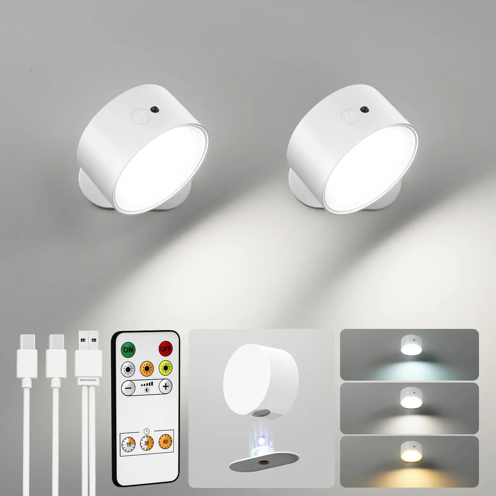LED Wall Mounted Lights,Rechargeable Wall Sconces Lamp, 3 Color Temps & Remote and Touch, 360°Rotation Dimmable Cordless Wall Light for Study Bedroom Reading Bedside(White)