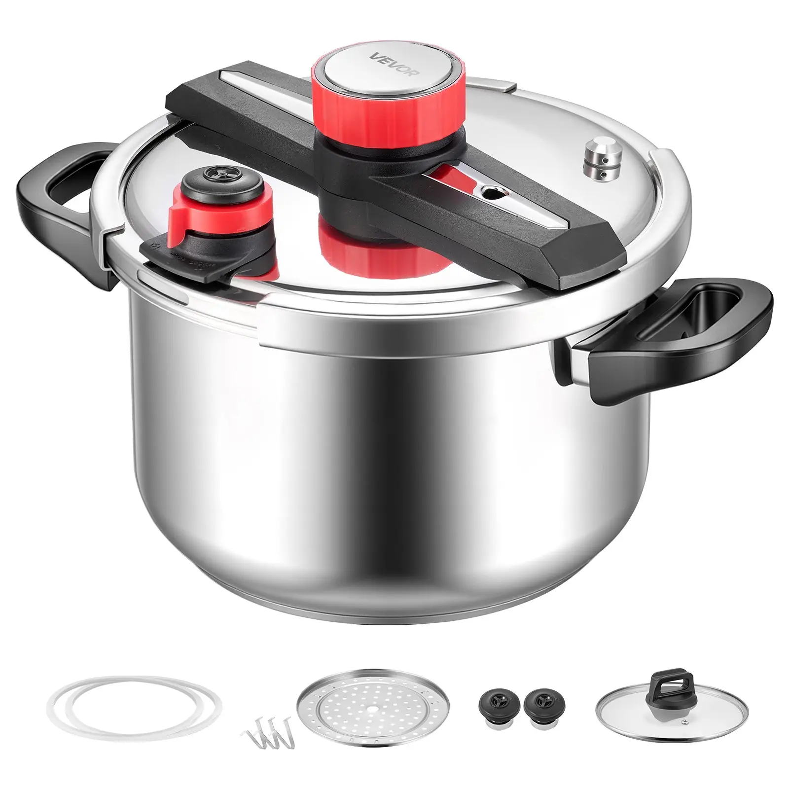 【Summerfinds】VEVOR 10Qt Stainless Steel Pressure Canner & Cooker, Induction-Safe, with Steaming Rack, Tempered Lid, Soft-Touch Grip, 3 Pressure Settings (Up to 100 kPa) for Meat, Beans, Rice, Pressure Cooker