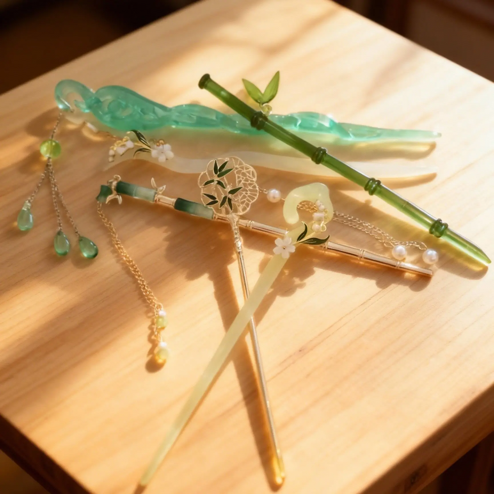 Women's Elegant Chinese Green 6PCS Hairpin Set - 18cm Durable Metal Resin, Tassel Design Barrette Hair Clips, Great Gift for Women for Parties, Birthdays